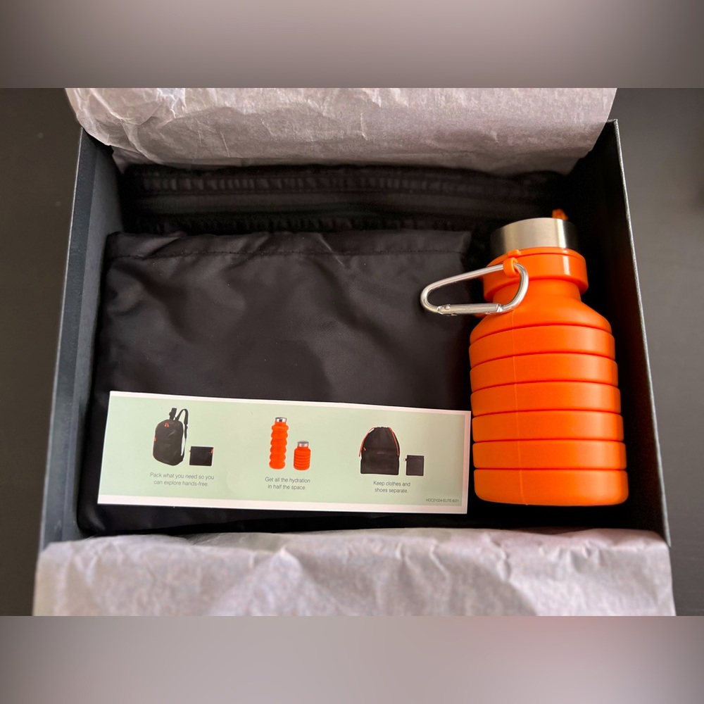 NWT Travel kit: backpack, clothing/shoe bag, Collapsible Silicon Water Bottle